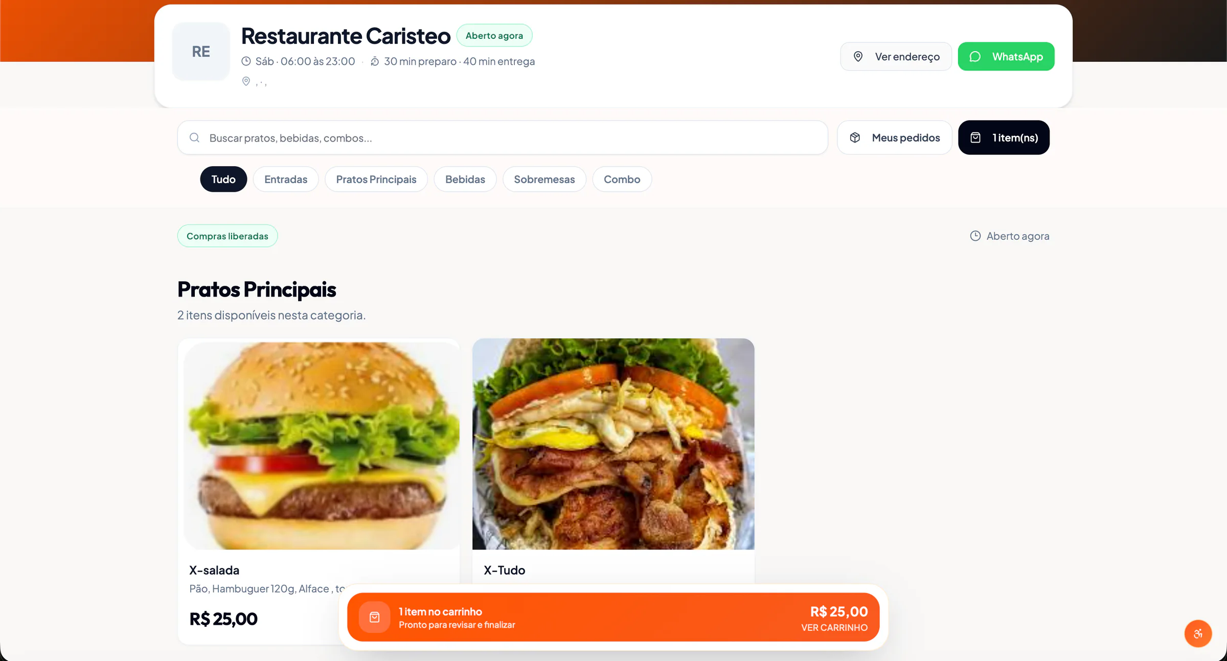 Cardápio público real do Delivery Caristeo com categorias, produtos, carrinho e identidade do restaurante.