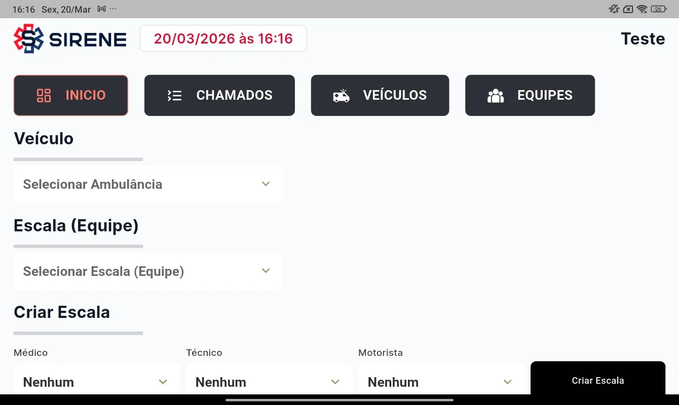Tela do Sirene para selecionar ambulância, equipe e criar uma escala.