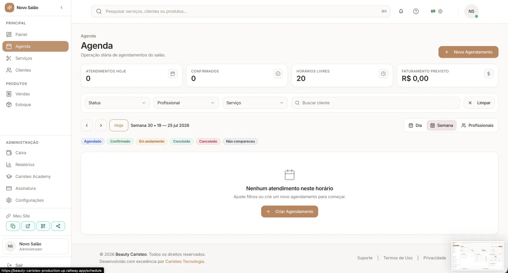 Agenda real do Caristeo Beauty com indicadores, filtros de status e organização semanal.