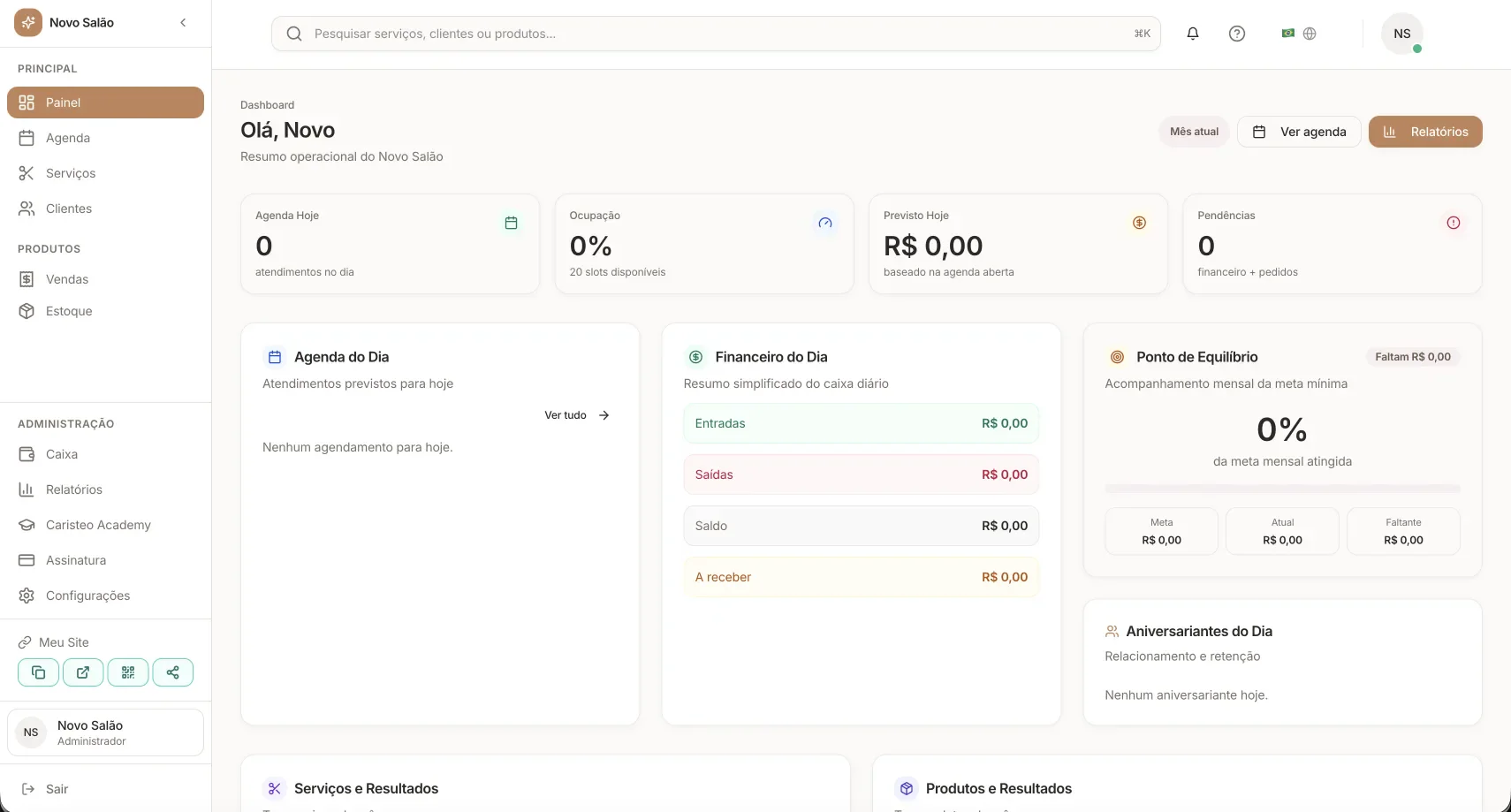 Dashboard real do Caristeo Beauty com agenda do dia, resumo financeiro e indicadores operacionais.