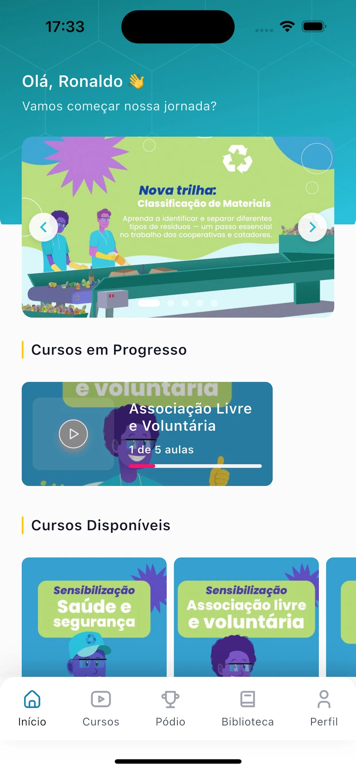 Tela inicial do Universidade iWrc com cursos em progresso e cursos disponíveis.