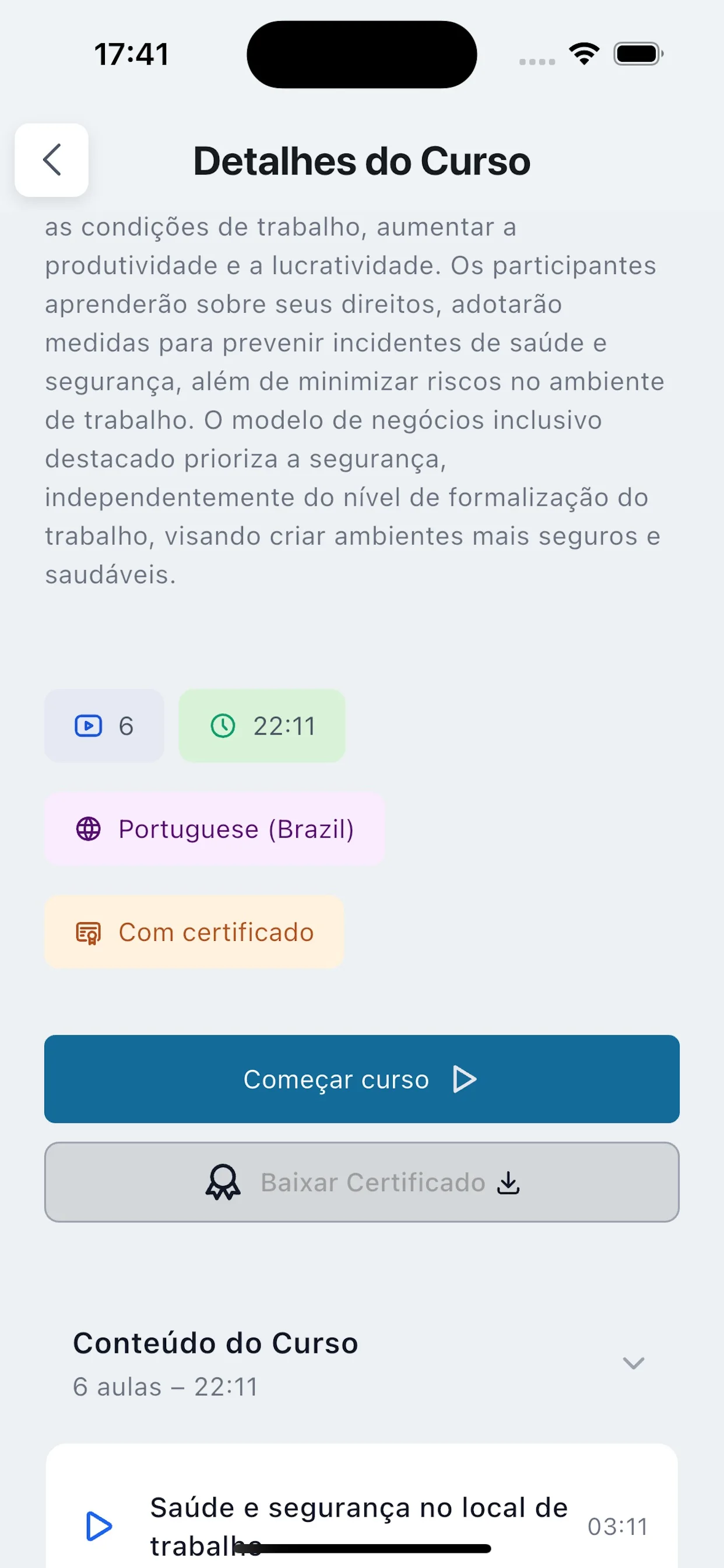 Detalhes de um curso no Universidade iWrc com aulas, duração e certificado.