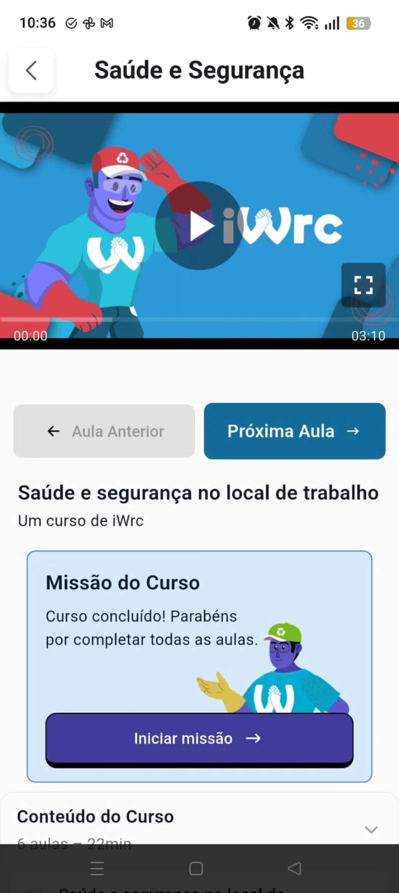 Aula em vídeo do Universidade iWrc reproduzindo no celular.