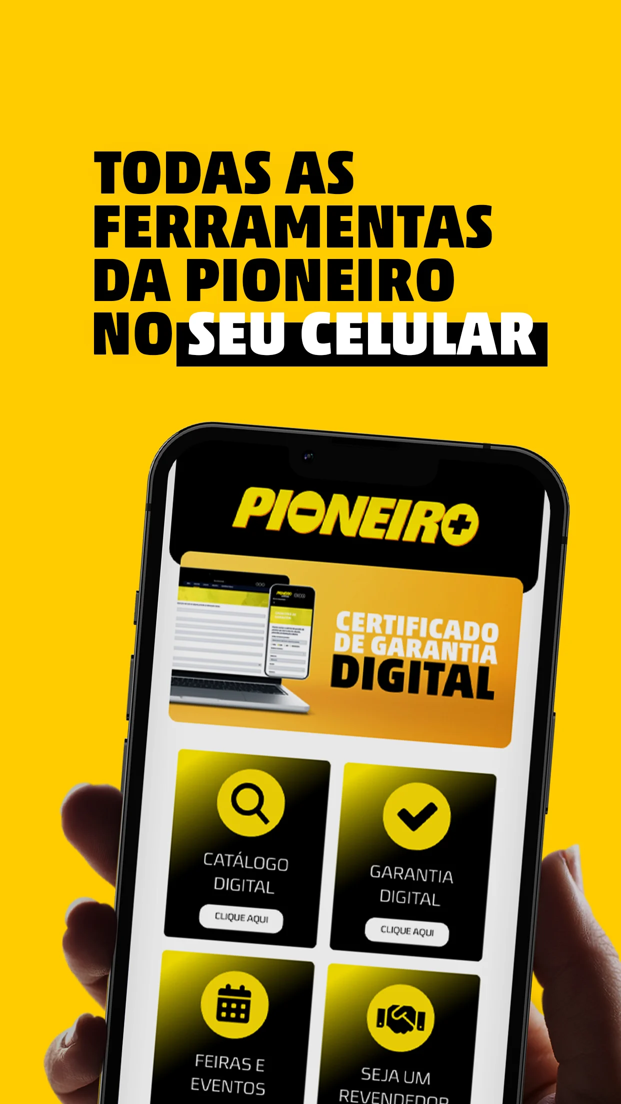 Aplicativo Pioneiro destacando o certificado de garantia digital.