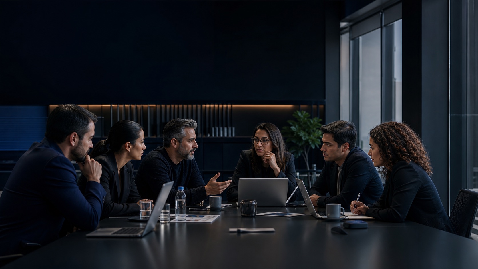 Equipe multidisciplinar em sessão estratégica de tecnologia.